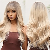 baratos Perucas Sintéticas sem Touca-Allbell loira peruca platinada para mulheres cabelo sintético encaracolado longo com franja perucas onduladas com raízes escuras perucas barbiecore