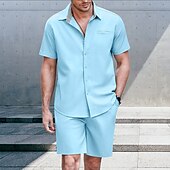 cheap Men&#039;s Basic Shirts Sets-Men&#039;s Cotton Linen Shirt Summer Shirt Beach Shirt Shirt Suits Plain Daily Hawaiian Black White Sky Blue Gray Short Sleeves Turndown Summer Clothing Apparel
