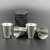 cheap Barware-4 Stainless Steel Shot Cups Drinking Vessel with Black Leather Carrying Case (30ml) Outdoor Camping Travel Unbreakable Metal Shooters for Whiskey Tequila Liquor Great Barware Gift