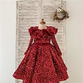 halpa Kukkatyttön mekot-Taapero Tyttöjen Juhlamekko Paljetti Pitkähihainen Suoritus Silmukka söpö tyyli Prinsessa Polyesteri Reisipituinen Kotelomekko Tyllimekko Kesä Kevät Syksy 3-7 vuotta Valkoinen Viini Taivaan sininen