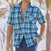 economico Camicie casual taglie forti da uomo-Per uomo A quadri Camicia Camicia a quadri Camicia con bottoni Manica corta Camicia Collo ripiegabile Esterno Informale Blu Plus Size Abbigliamento Moderno Retrò vintage