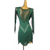 preiswerte Kleidung für lateinamerikanische Tänze-Tanz-Salsa-Latin-Tanzkleid mit Fransen, Quasten, Kristallen/Strasssteinen, Damen, Performance-Training, lange Ärmel, Chinlon