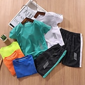 billiga Kläder för pojkar-2 delar Barn Pojkar Träningsoveraller Utrusta Färgblock Kortärmad Crewneck Bomull Uppsättning Sport Sommar Vår 7-13 år Vit Gul Ljusgrön