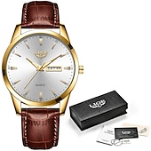 preiswerte Quarz-Uhren-Herren Quarz Uhr Luxus Geschäftliche Armbanduhr Analog Leuchtender Kalender Datum Woche Wasserdichte PU Leder Uhr