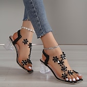 Недорогие Туфли на каблуках-женские босоножки на прозрачном каблуке с цветочным узором из страз – элегантные туфли с открытым носком на высоком каблуке для свадеб и особых случаев