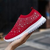 preiswerte Damen-Sneaker-Damen-Sneaker zum Hineinschlüpfen in Regenbogenfarben – farbenfrohe Sportschuhe aus Strick mit Strassverzierungen für die Freizeit und zum Spazierengehen