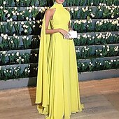 abordables JAUNE-Robe de soirée A-Line plage élégante robe invité de mariage longueur sol sans manches haut capes en tulle avec froncé 2025