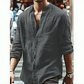 preiswerte Straße-Herren Hemd Leinenhemd Stehkragenhemd Sommerhemd Strandbekleidung Knopfhemd Einfarbig Outdoor Urlaub Schwarz Blau Grün Langarm Kragen Frühling Herbst Bekleidung Button-Down