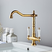 cheap Classical-Twin Lever Traditional Kitchen Sink Mixer Taps, Dual Lever Cold and Hot Faucet Deck Mounted, 360° Swivel Spout Sink Tap with 2 Ceramic Handles, Antique Brass Classic Double Handle for Kitchen Bathroom