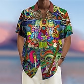 billiga Musik och gitarrer-Herr Musik Guitarr Rock and Roll Skjorta Hawaii skjorta Knapp upp skjorta Kort ärm Mode Streetwear Designer Utomhus Gata Ledigt Sommar Vår Nedvikt Mönster Aprikos Gul Blå Grön Regnbåge