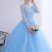 abordables Robes de bal de promo-Robe de bal Quinzeanera robe de princesse performance Quinzeanera longueur sol manches longues décolleté en V avec cristaux appliques robe à impressionner