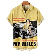 levne Retro vintage tisk-Pánské Písmeno Motor Pin Up Girl Košile Havajská košile Aloha košile Krátké rukávy Košile Přehnutý Vinobraní Tropický vzhled Módní ulice Ležérní Havajské Světle žlutá Černá Žlutá S M L