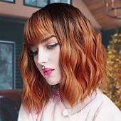 economico Parrucche trendy sintetiche-parrucche corte argento bianco per donna ombre parrucca riccia nera e grigia con frangia capelli sintetici di media lunghezza parrucca bob onda d&#039;acqua parrucche grigie colorate