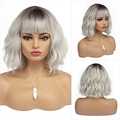 economico Parrucche trendy sintetiche-parrucche corte argento bianco per donna ombre parrucca riccia nera e grigia con frangia capelli sintetici di media lunghezza parrucca bob onda d&#039;acqua parrucche grigie colorate