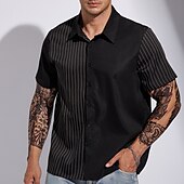 cheap Men&#039;s Plus Size Casual Shirts-Men&#039;s Striped Shirt Casual Shirt Button Up Shirt Short Sleeve Shirt Turndown Outdoor Vacation Black Plus Size Clothing Apparel Modern Style Retro Vintage