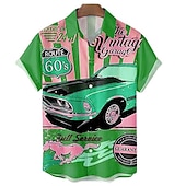 cheap Retro Vintage Print-Men&#039;s Car Letter Shirt Summer Hawaiian Shirt Aloha Shirt Short Sleeve Shirt Turndown Vintage Fashion Hawaiian Outdoor Street Casual Red Royal Blue Blue 3D Print S M L