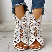 cheap Vacation Sandals-Women&#039;s Black Cut-Out Lace-Up Sandals - Stylish Wedge Heels with Geometric Patterns for Fashionable Summer Outfits