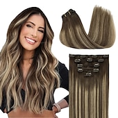 baratos Extensões de cabelo com gancho-grampo em extensões de cabelo cabelo humano real 5pcs 80g balayage marrom chocolate a mel loiro 18 polegadas portas extensões de cabelo grampo em extensões de cabelo liso natural