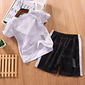 billiga Kläder för pojkar-2 delar Barn Pojkar Träningsoveraller Utrusta Färgblock Kortärmad Crewneck Bomull Uppsättning Sport Sommar Vår 7-13 år Vit Gul Ljusgrön