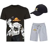 cheap Cartoon &amp; Movie Character Graphic-Three Piece Printed T-Shirt Shorts Baseball Caps Co-ord Sets One Piece Monkey D. Luffy Graphic Outfits &amp; Matching For Men&#039;s Adults&#039; Casual Daily Running Gym Sports
