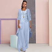 ieftine Costumele cu pantaloni ale mamei-Costum de nunta pentru plajă 3 piese matern pentru mireasă invitat formal la nuntă elegant mărime mare cu decolteu rotund lungime până la podea din chiffon cu dantelă fără mâneci cu aplicații mărime