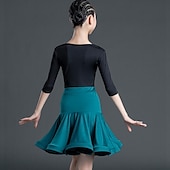お買い得  キッズ用ダンスウェア-子供用ダンスウェア スカート サイドドレープ フリル ピュアカラー 女の子 性能 訓練 ハーフスリーブ ハイウエスト ポリエステル