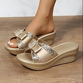 ieftine Sandale de vacanță-Pentru femei Papuci Sandale cu platformă Mărime Plus Size Papuci de plajă Zilnic Plajă Culoare solidă Vară Toc Drept Pantofi vârf deschis Clasic Casual Imitație Piele PU Loafer Argintiu Auriu