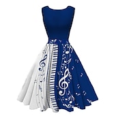 preiswerte abendkleider-Damen Retro 1950er Jahre Vintage Teekleider Midikleid Täglicher Urlaub Rüschendruck Hinweis Rundhalsausschnitt Ärmellos Schlank Sommer Frühling 2023 Schwarzwein S M L XL