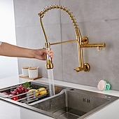 voordelige Uittrekbare sproeiers-aan de muur gemonteerde gootsteenkraan alleen koud water neerklapbare sproeier, 360 draaibare uittrekbare keukenkranen 2 sproeimodus vatwaterkraan goud zwart chroom