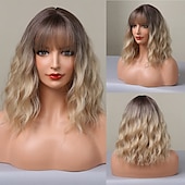 economico Parrucche trendy sintetiche-Parrucca marrone con riflessi parrucche a caschetto con frangia parrucca ondulata lunga fino alle spalle parrucca con parte centrale per donne parrucche per feste di Natale