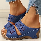abordables Sandales Décontractées-sandales compensées noires pour femmes avec motif floral découpé – chaussures d&#039;été confortables à enfiler avec détails de couture
