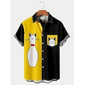 Men's Flame Bowling Ball Shirt Button Up Shirt Short Sleeve Tropical Fashion Hawaiian Outdoor Beach Summer Spring Turndown Print Button-Down Black Yellow Black / Red Red Dusty Blue 25