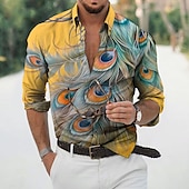 cheap Birds &amp; Animals-Men&#039;s Feather Shirt Aloha Shirt Long Sleeve Fashion Designer Casual Outdoor Vacation Daily Spring &amp; Summer Stand Collar 3D Print Button-Down Black White Black / Green Yellow Army Green