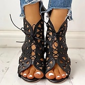 cheap Vacation Sandals-Women&#039;s Black Cut-Out Lace-Up Sandals - Stylish Wedge Heels with Geometric Patterns for Fashionable Summer Outfits