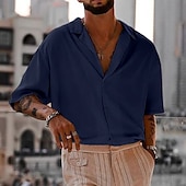 cheap Men&#039;s Button Up Shirts-Men&#039;s Shirt Cuban Collar Shirt Button Up Shirt Black White Navy Blue Brown Green Short Sleeve Plain Camp Collar Vacation Daily Clothing Apparel Cotton Cotton Blend Fashion Casual Comfortable