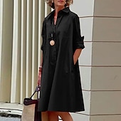 billiga midi svart klänning-skjortklänning för kvinnor fritidsklänning skiftklänning midiklänning utomhus vinterklänning daglig polyester elegant ledig skjortkrage ficka rullad manschett långärmad sommar vinter höst vår 2023 lös passform röd