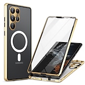 levne Pouzdra pro Samsung-telefon Carcasă Pro Samsung Galaxy S24 S23 S22 S21 Ultra Plus S25 Ultra Celý kryt Magnetické adsorpční pouzdro S Magsafe Přenosná Flip Průsvitné Průhledný Jednobarevné Slitina hliníku Plastický