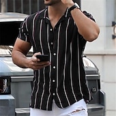 preiswerte Herrenhemd zum Knöpfen-Herren Hemd Sommerhemd Knopfhemd Camp-Shirt Kubanisches Hemd Schwarz Marineblau Kurzarm Gestreift Umlegekragen Strasse Casual Button-Down Bekleidung Sport Modisch Klassisch Komfortabel