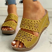 abordables Sandales Décontractées-sandales compensées noires pour femmes avec motif floral découpé – chaussures d&#039;été confortables à enfiler avec détails de couture