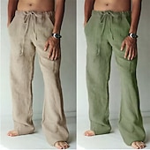 cheap Classic-Men&#039;s Linen Pants Trousers Summer Pants Beach Pants Pocket Drawstring Elastic Waist Plain Daily Streetwear Fashion Casual Black White
