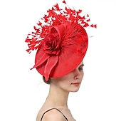 billige Coiffer-fascinators Sinamay Bryllup Kentucky Derby cocktail Retro Rød Brude Med Fjær Blomster Hodeplagg Hodeplagg
