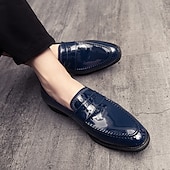 ieftine Semi-formal-mocasini din piele artificială lacuita albastru bleumarin pentru bărbați – pantofi de rochie clasici, cu finisaj lucios, perfecti pentru ocazii formale și ținute de afaceri