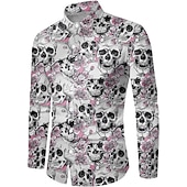 economico Giorno dei Morti Costume-Per uomo Rosa Floreale Teschi Camicia Manica lunga Di tendenza Originale Informale Halloween Strada Informale Autunno inverno Collo ripiegabile Stampa Bottone giù Nero e rosso Vinaccia Nero Bianco