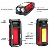 abordables Faros delanteros-Luz de trabajo cob, linterna led superbrillante recargable por usb, lámpara de camping portátil con imán trasero, linterna ajustable impermeable