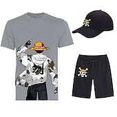 cheap Cartoon &amp; Movie Character Graphic-Three Piece Printed T-Shirt Shorts Baseball Caps Co-ord Sets One Piece Monkey D. Luffy Graphic Outfits &amp; Matching For Men&#039;s Adults&#039; Casual Daily Running Gym Sports