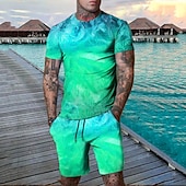 billige T-skjorter med trykk for menn-Herre Grafisk Blad Anlegg 2stk T-skjorter sett Shorts og T-skjorte sett T-skjorte antrekk Kortermet Crew-hals Designer Fritid Bekvem utendørs Feriereise Daglig 3D-utskrift 2 deler Vår sommer Bl
