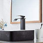 economico Classici-Rubinetto Miscelatore Lavabo Bagno A Cascata Alto Corto, Lavabo Monocomando Rubinetti Lavabo Monocomando, Bagno Con Tubo Flessibile Caldo E Freddo Vaso Monoblocco Acqua Rubinetto In Ottone Montaggio A Bordo Nero Dorato