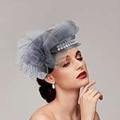 billige Coiffer-fascinators kentucky derby lue hodeplagg fjær nett bøtte lue bryllup spesiell anledning damedag melbourne kopp cocktail med sløyfer hette hodeplagg hodeplagg