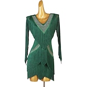 preiswerte Kleidung für lateinamerikanische Tänze-Tanz-Salsa-Latin-Tanzkleid mit Fransen, Quasten, Kristallen/Strasssteinen, Damen, Performance-Training, lange Ärmel, Chinlon