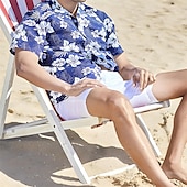 billiga Blommönster-Herr Blommig Tropiska blommor Skjorta Sommarskjorta Strandskjorta Kortärmad Skjorta Nedvikt Mode Andningsfunktion Bekväm Utomhus Gata Ledigt Havsblått Blå Blå / vit S M L